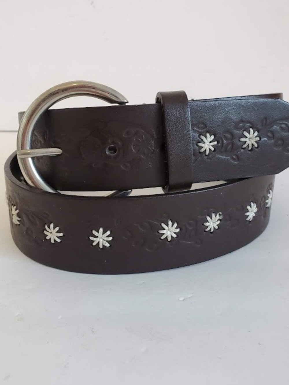 Dark Espresso Brown Leather Floral Laced Tooled Belt Retro Boho Hippie Festival
